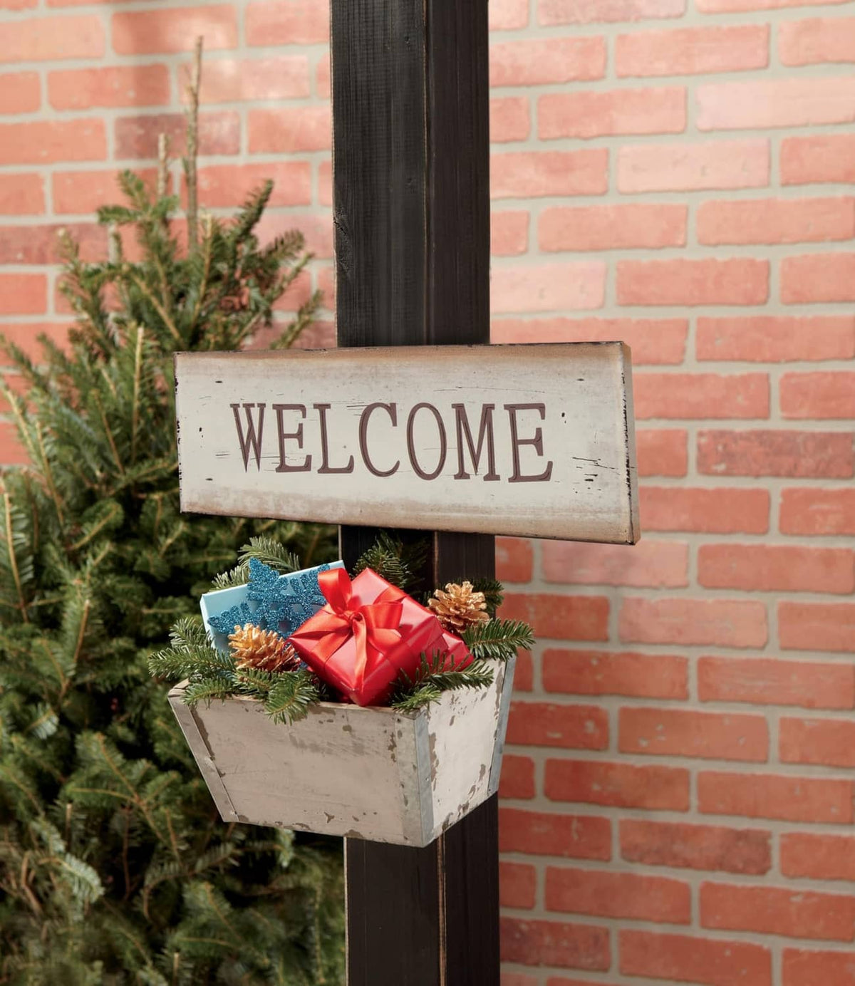Black interlocking fastener strip attached to a welcome sign display