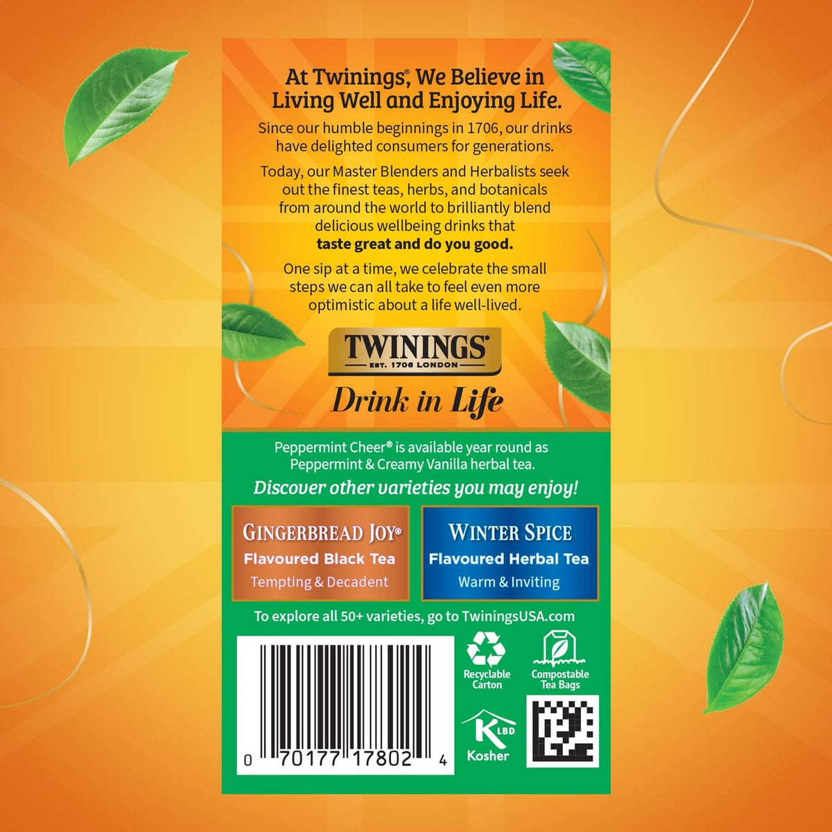Twinings Peppermint Cheer herbal tea box back with company and product info