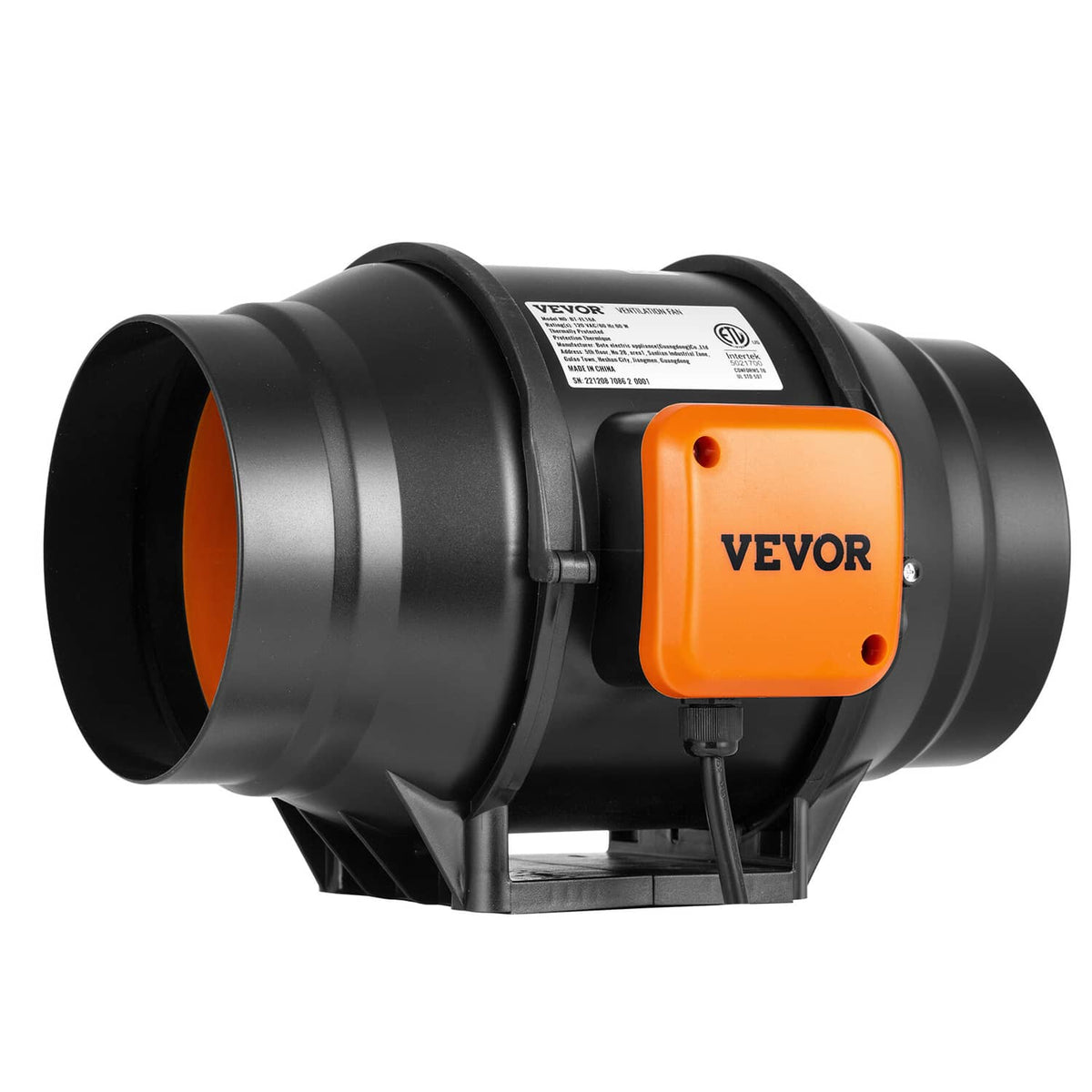 6-inch inline duct fan blower with black housing and orange VEVOR control box