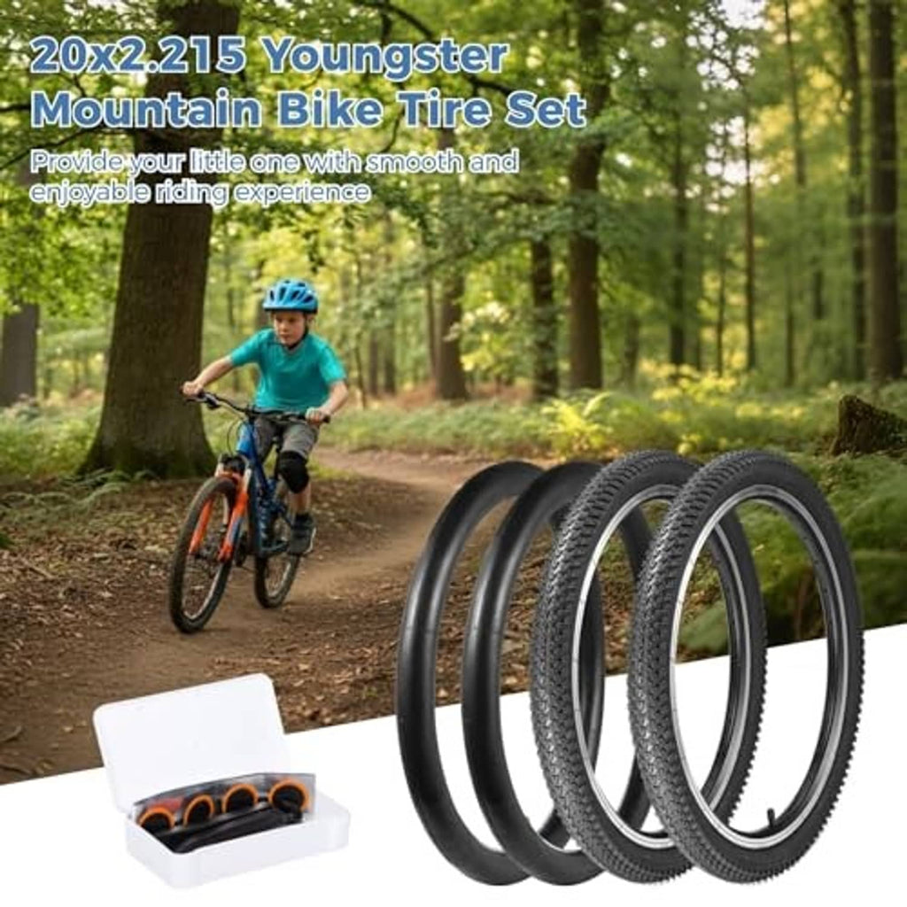 Bicycle tire set with multiple black tires and packaged tire repair accessories