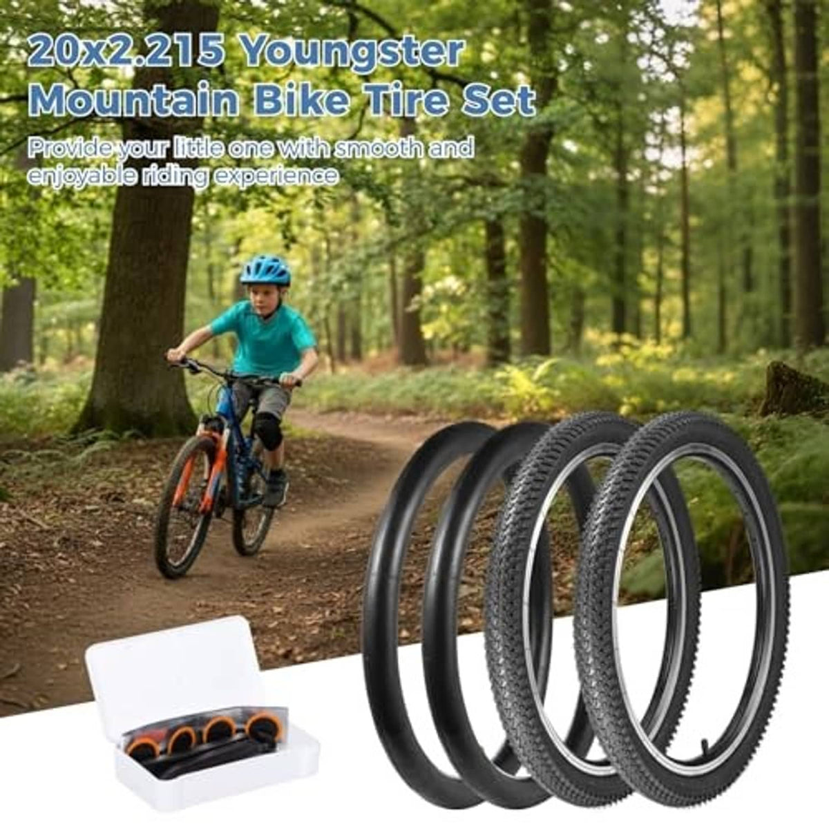 Bicycle tire set with multiple black tires and packaged tire repair accessories