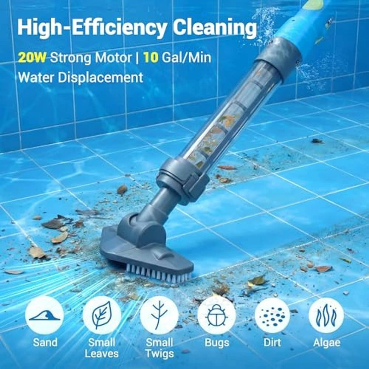 Pool vacuum wand with wide suction base and clear debris chamber