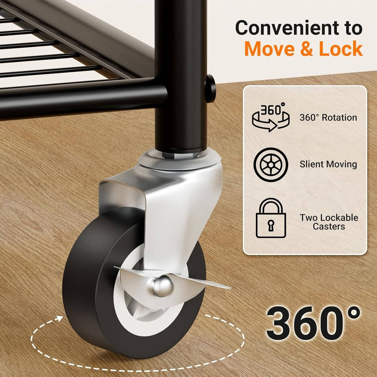 Rolling clothes rack caster with 360° swivel and lockable wheels, black metal base