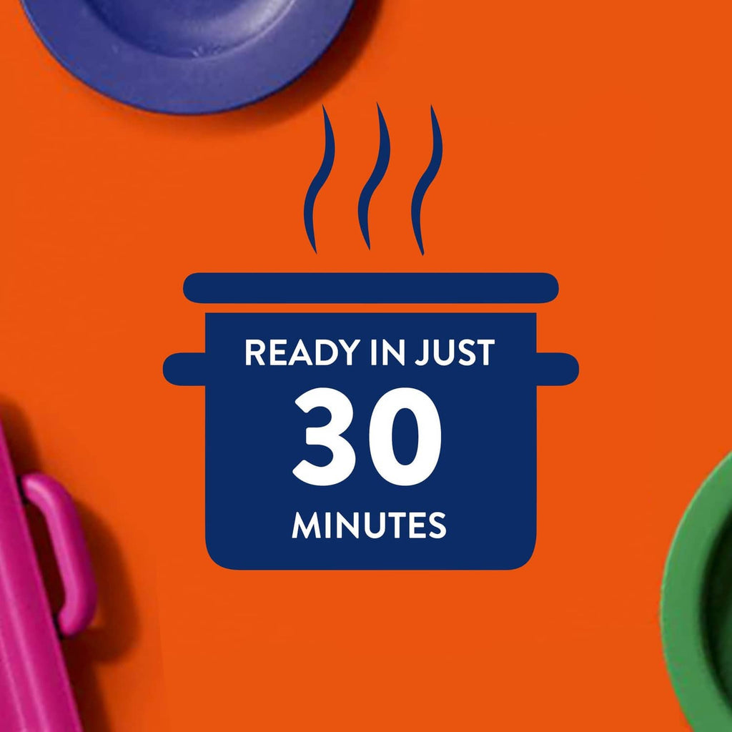 Ready-to-cook rice graphic stating ready in 30 minutes with cooking pot icon