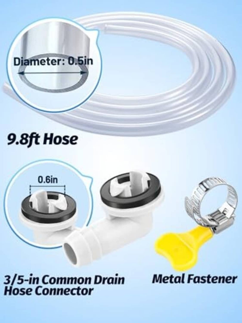 White AC drain hose with metal fastener and yellow connector for common 3/5-in drains