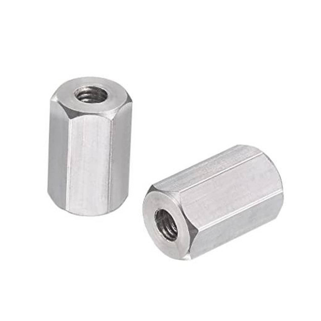 M3 stainless steel hex coupling, polished finish, with internal threaded hole