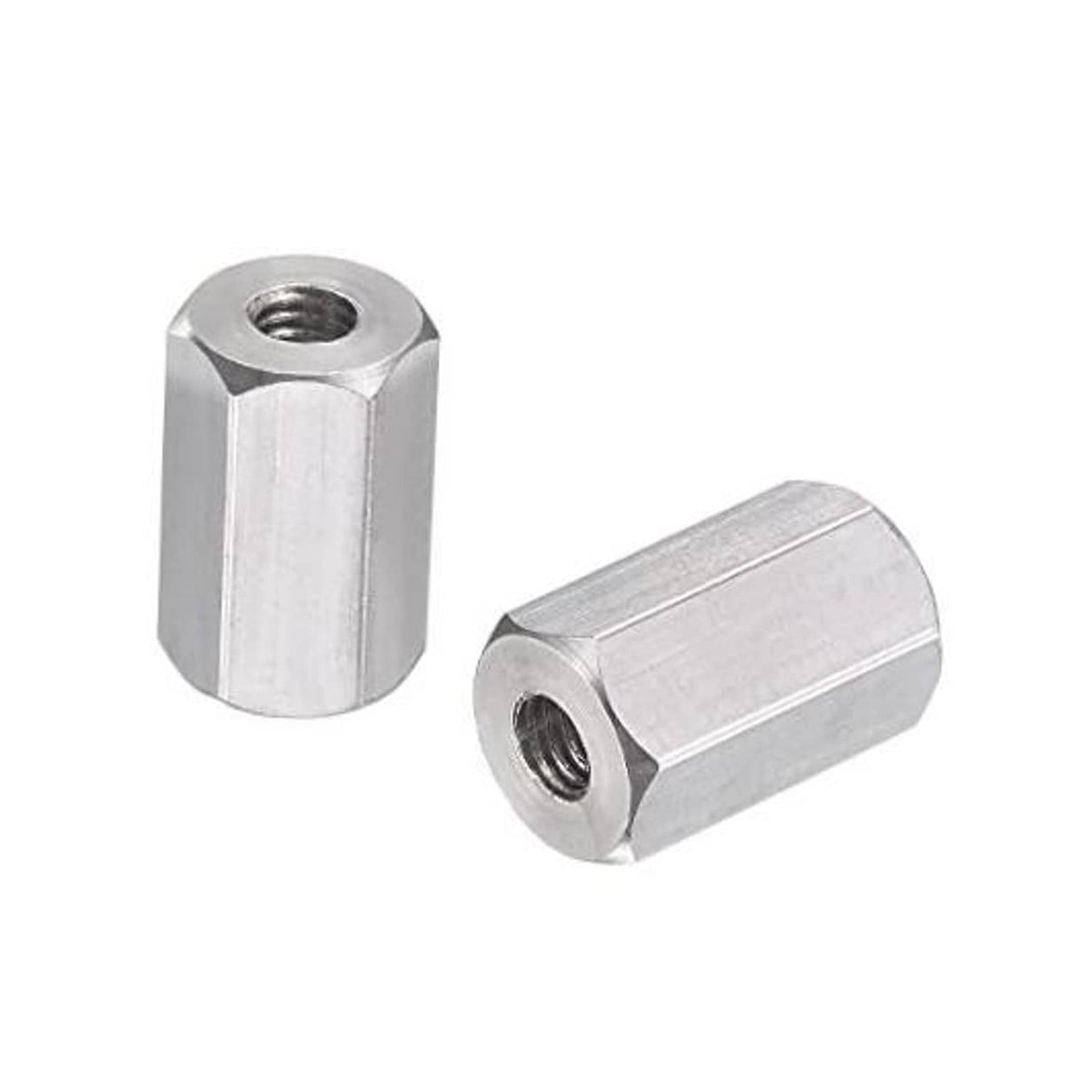 M3 stainless steel hex coupling, polished finish, with internal threaded hole