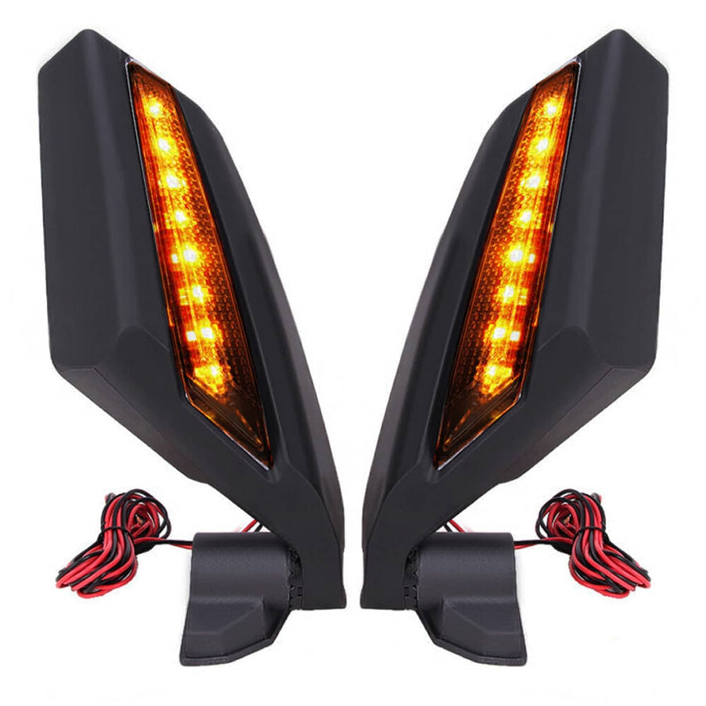 Black UTV LED rearview mirrors with vertical amber light bars and red cable connectors