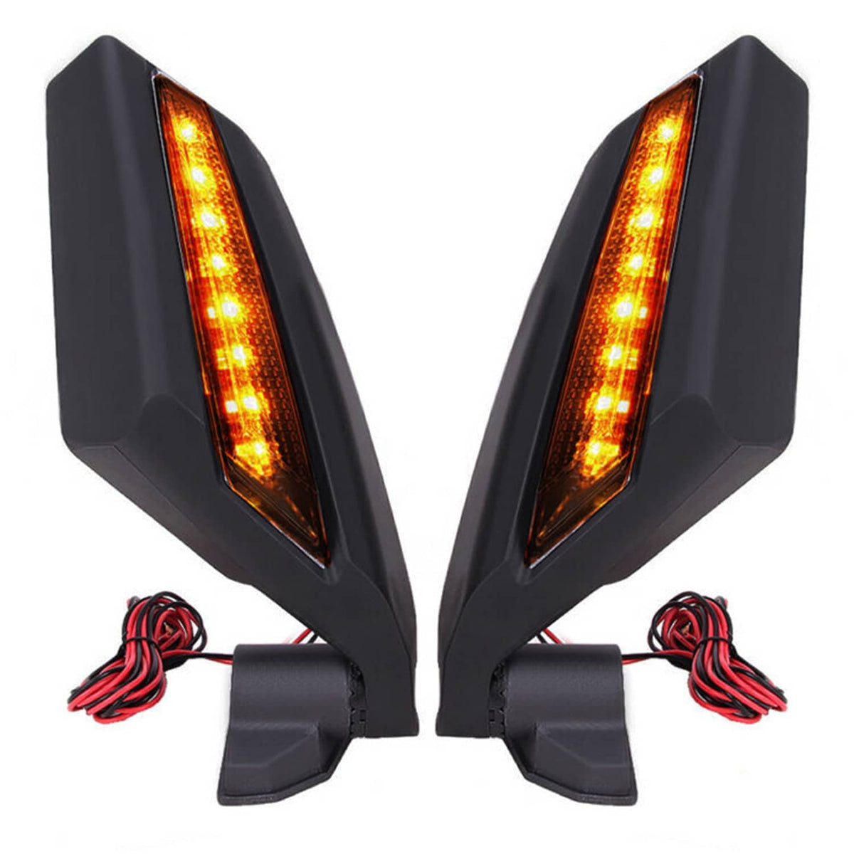 Black UTV LED rearview mirrors with vertical amber light bars and red cable connectors
