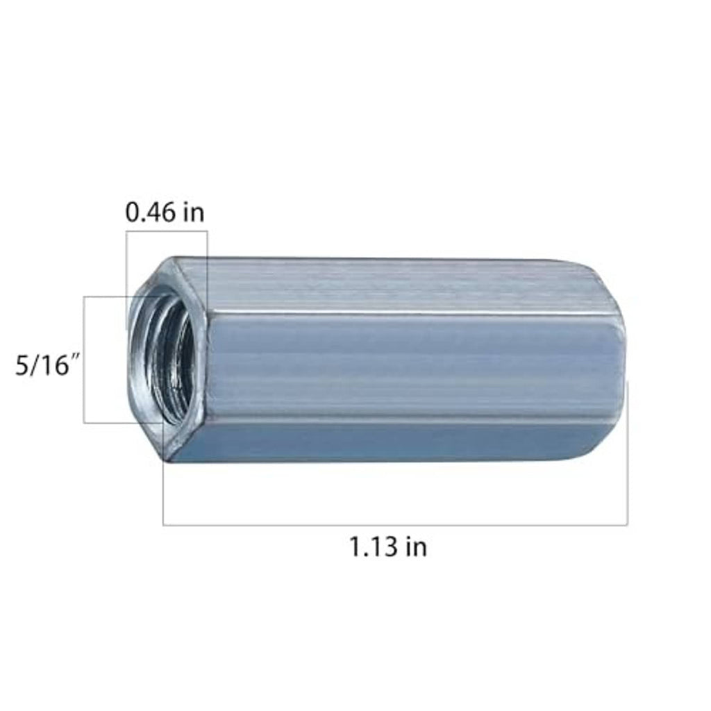 Extended hex coupling nut, 5/16-18 thread, 1.13 in length, zinc-plated steel