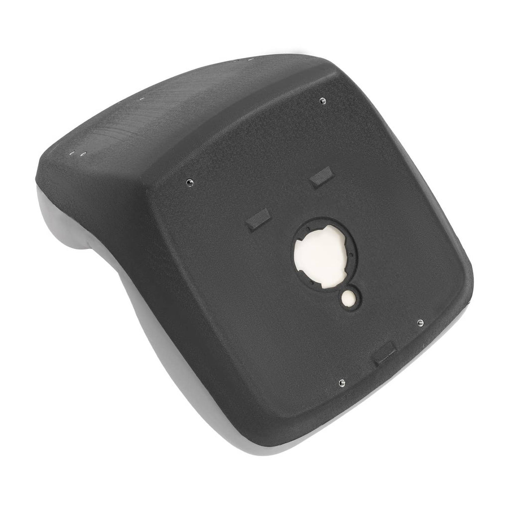 Black tractor seat base with circular mounting hole and molded tabs