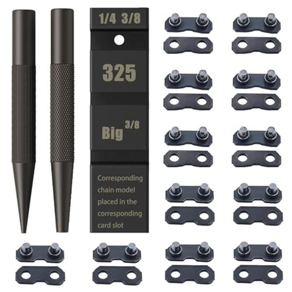Pocket chain breaker kit with 1/4, 3/8, 325 preset strips and metal joiner links