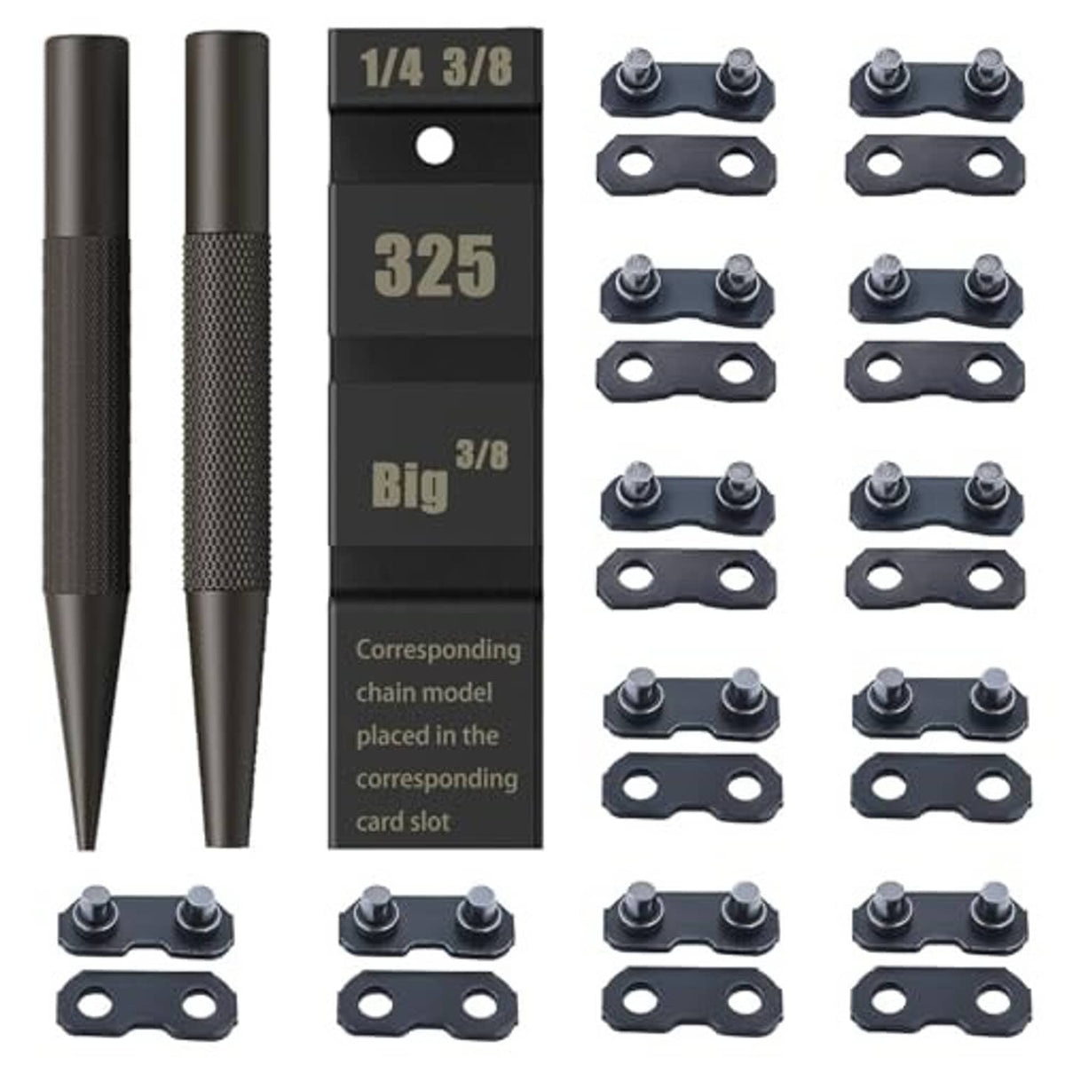 Pocket chain breaker kit with 1/4, 3/8, 325 preset strips and metal joiner links