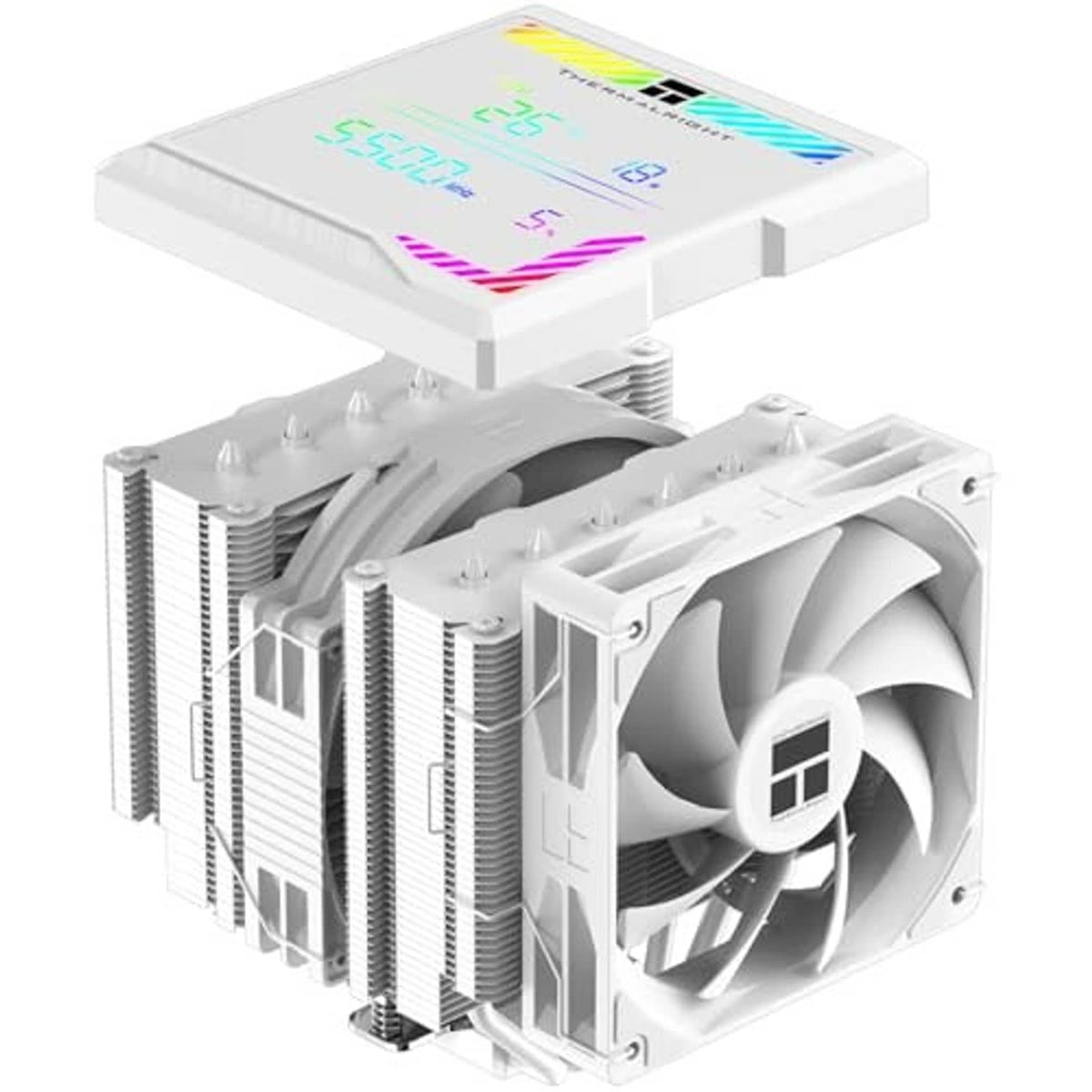 White tower CPU air cooler with dual fans and top digital monitor, angled view