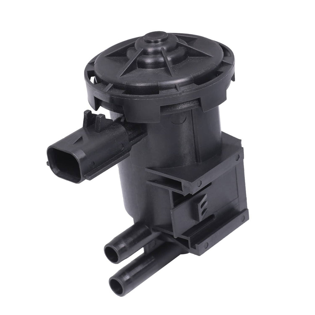 Black vapor canister purge solenoid valve with electrical connector and dual hose ports