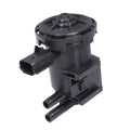 Black vapor canister purge solenoid valve with electrical connector and dual hose ports
