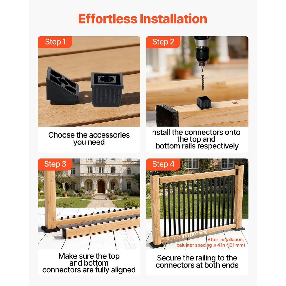 Black aluminum baluster kit showing connectors and screws for easy rail installation
