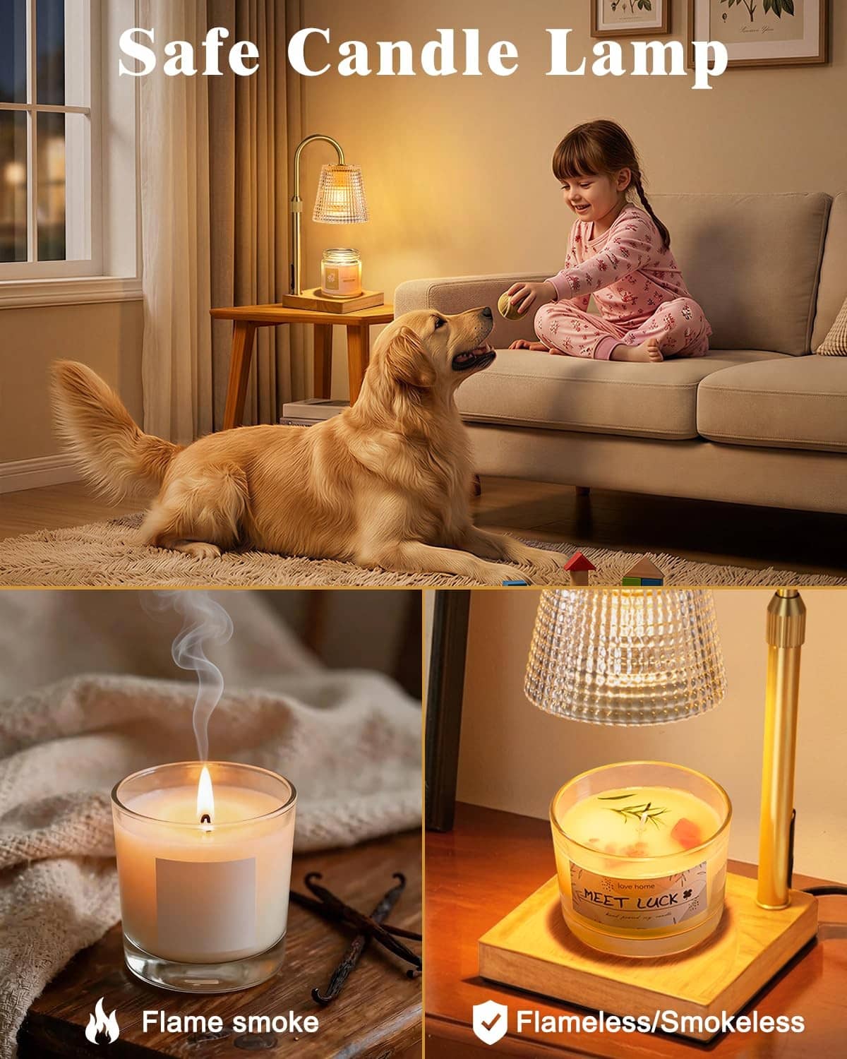 Brass candle lamp with clear shade on wooden base, shown with a candle in glass