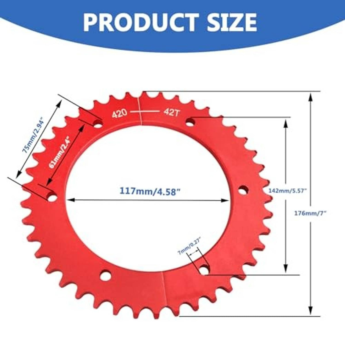 Red 420 chain split sprocket with size markings and bolt holes, 42T