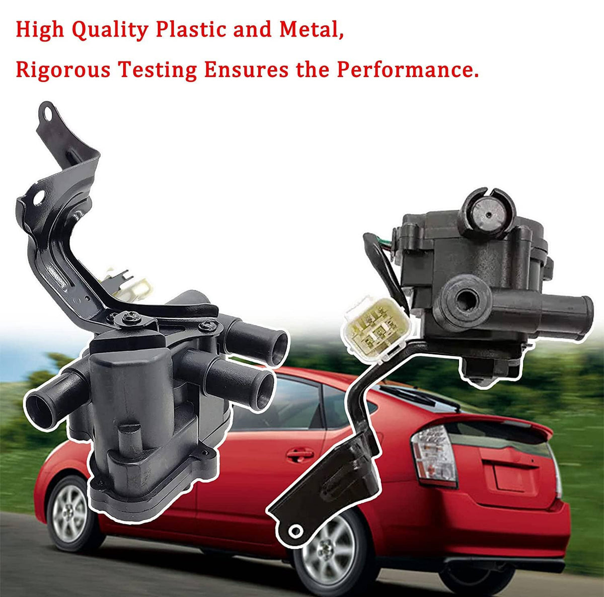 Heater coolant control valve with plastic housing, metal parts, and multi-wire connector plugs