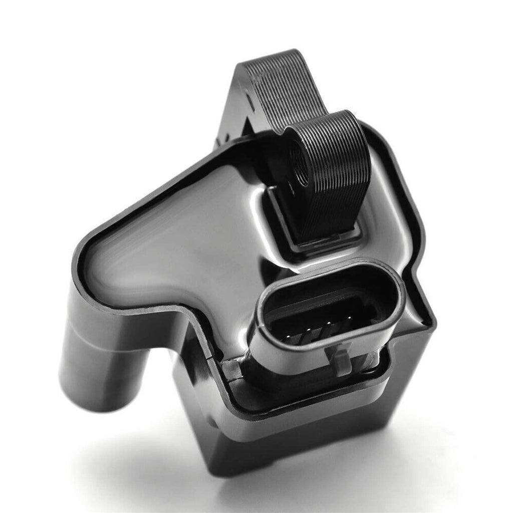 Ignition coil pack with black electrical socket and textured mounting strap