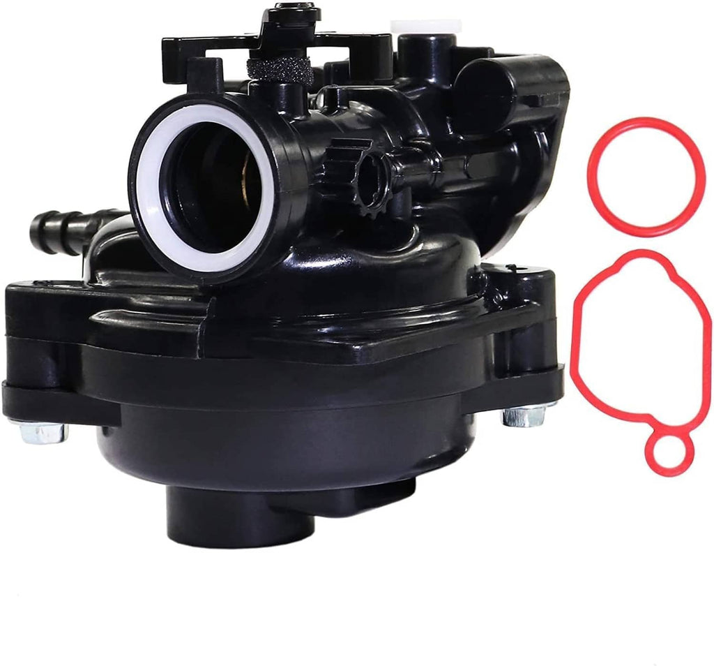 Black carburetor with round intake bore, side ports, and mounting bracket with screws