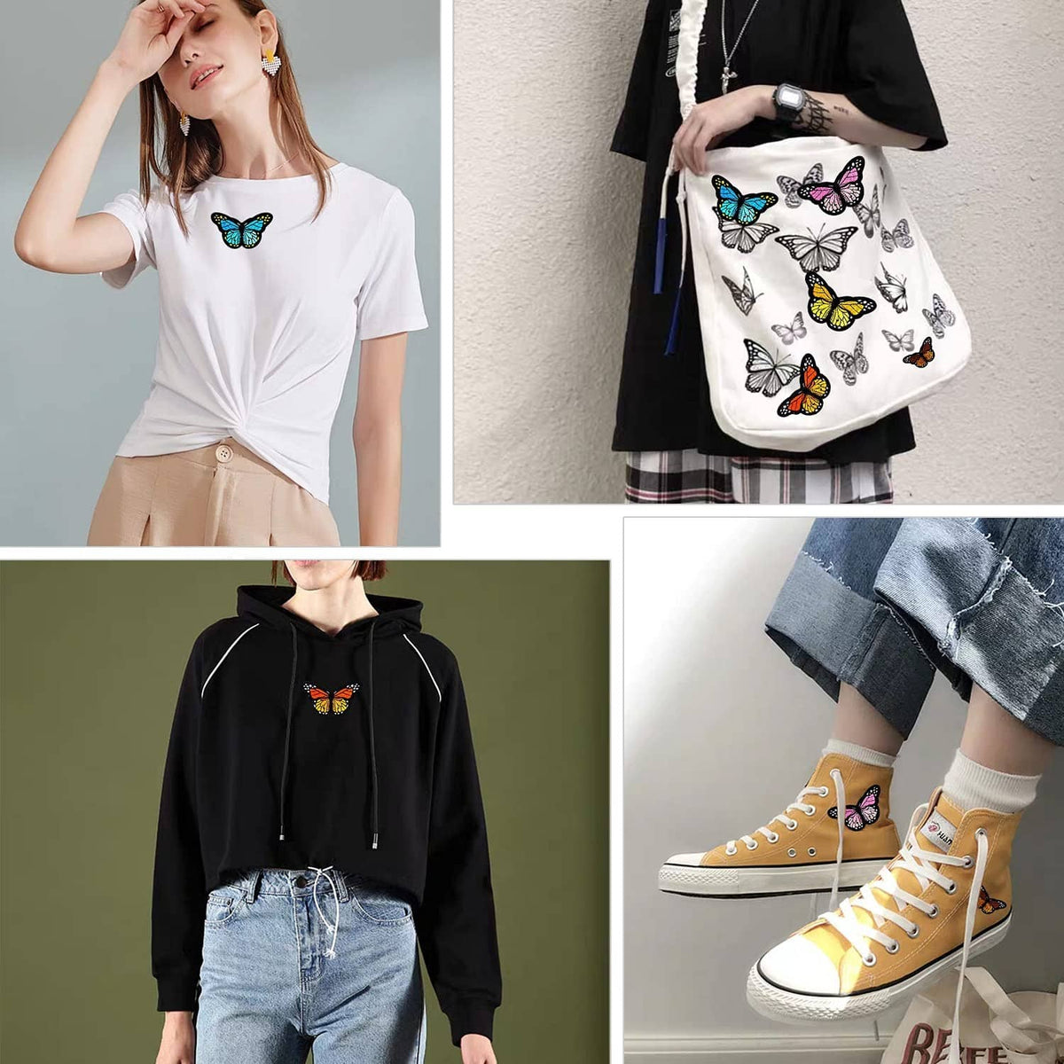 Butterfly embroidered iron-on patches on shirts, hoodies, and a tote bag