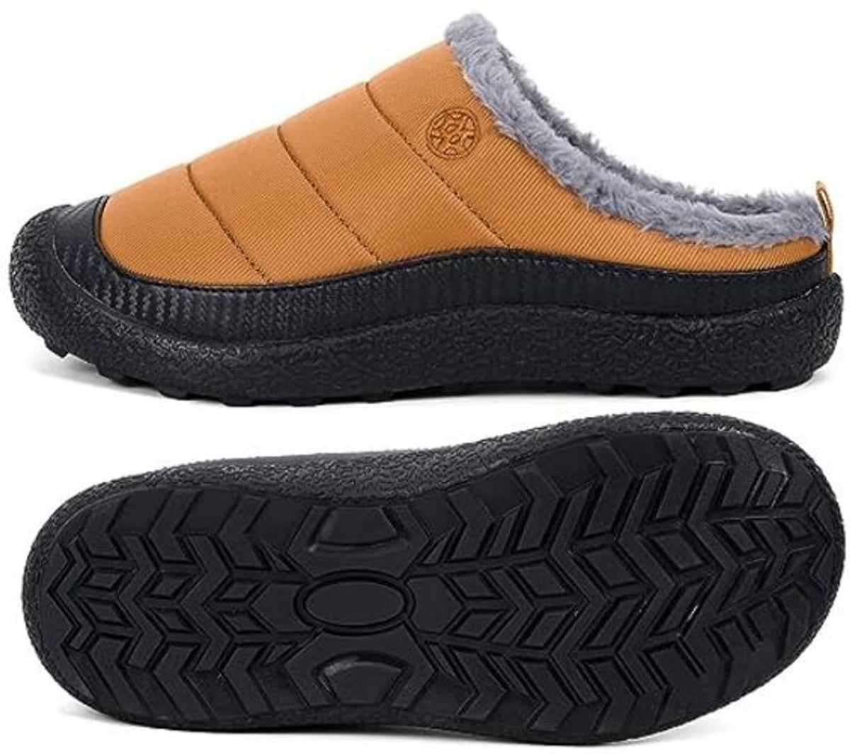 Orange slip-on slippers with gray lining and black outsole with patterned tread