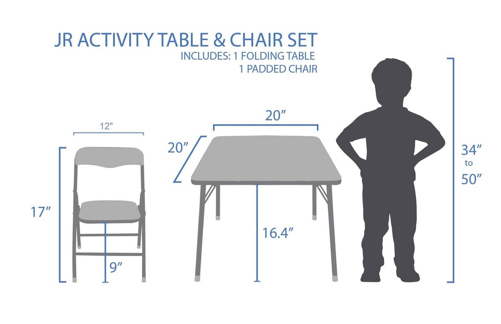 Size diagram of junior activity table and folding padded chair with height and width