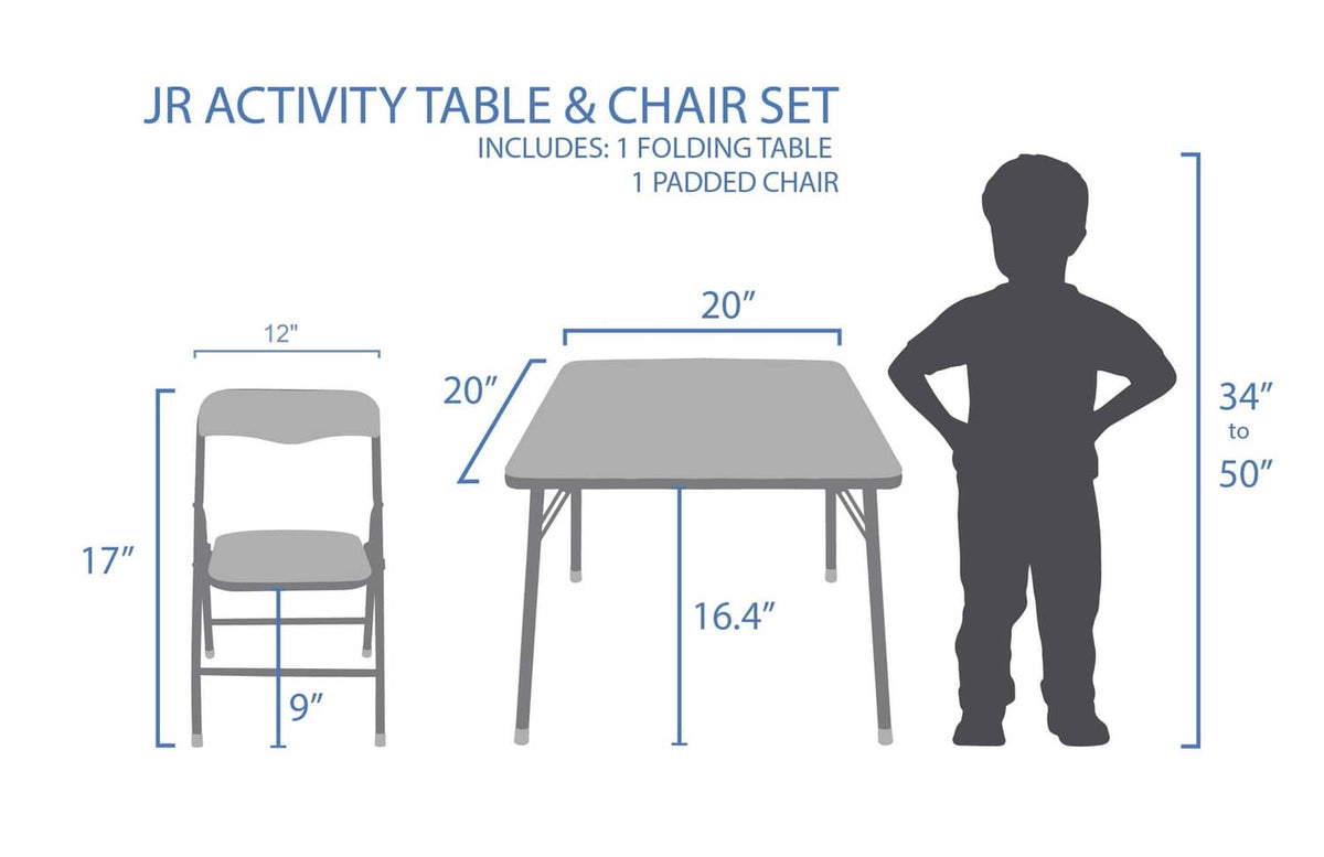 Size diagram of junior activity table and folding padded chair with height and width