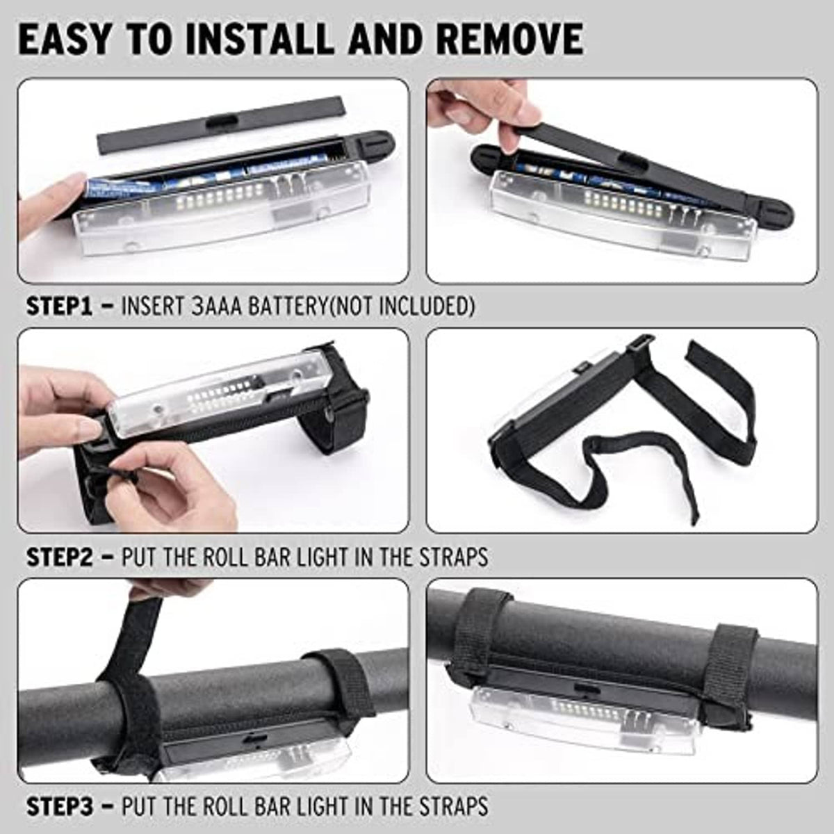 Roll bar mount LED light with clear housing, black straps, and easy install