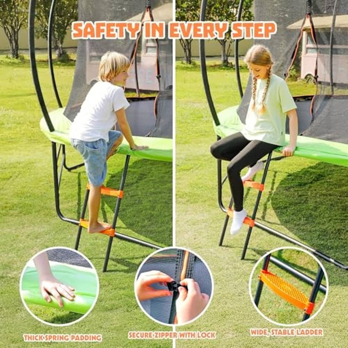 Trampoline enclosure with thick padding and zipper door, orange ladder on green mat