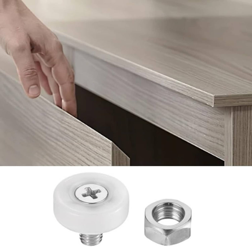 White drawer roller wheel and chrome mounting nut for drawer installation