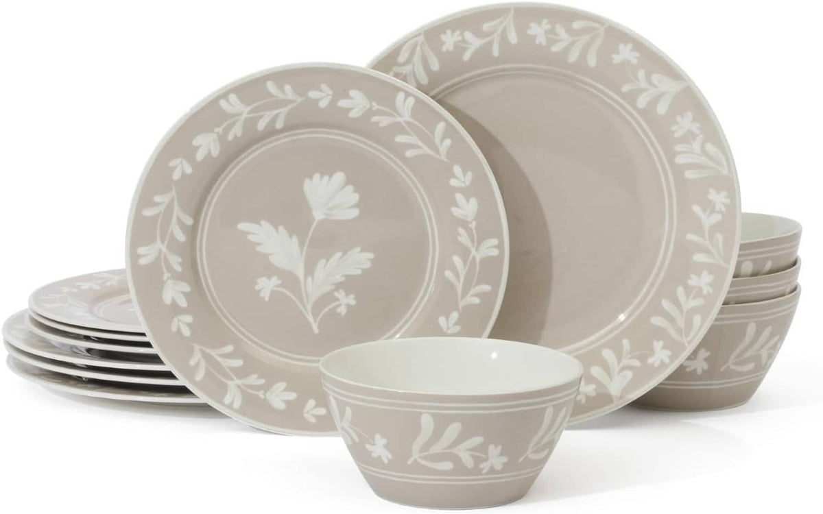 Taupe ceramic dinnerware set with white botanical pattern: bowls and plates