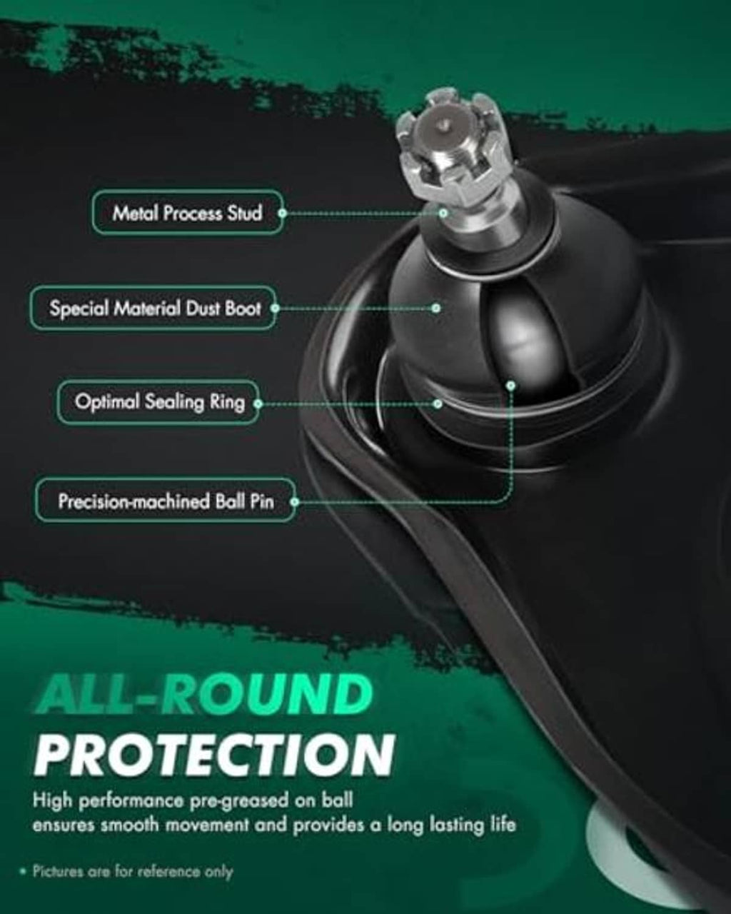 Ball joint with dust boot and metal stud for front suspension protection