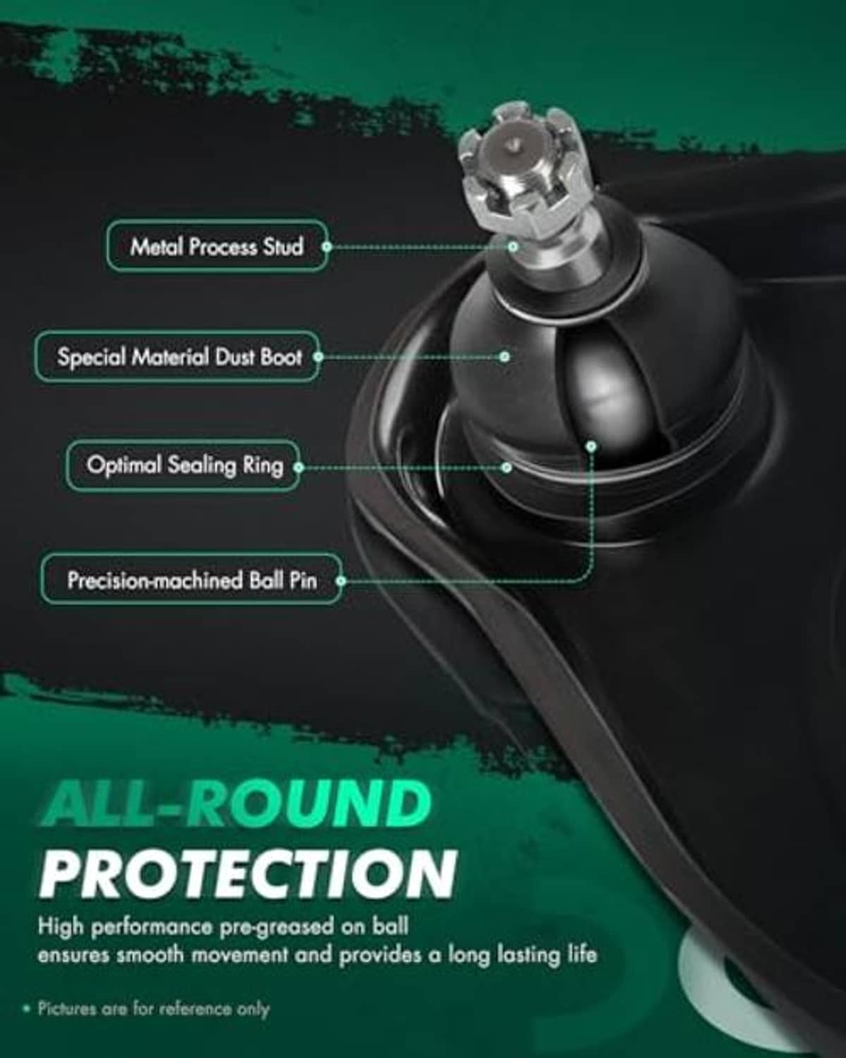 Ball joint with dust boot and metal stud for front suspension protection