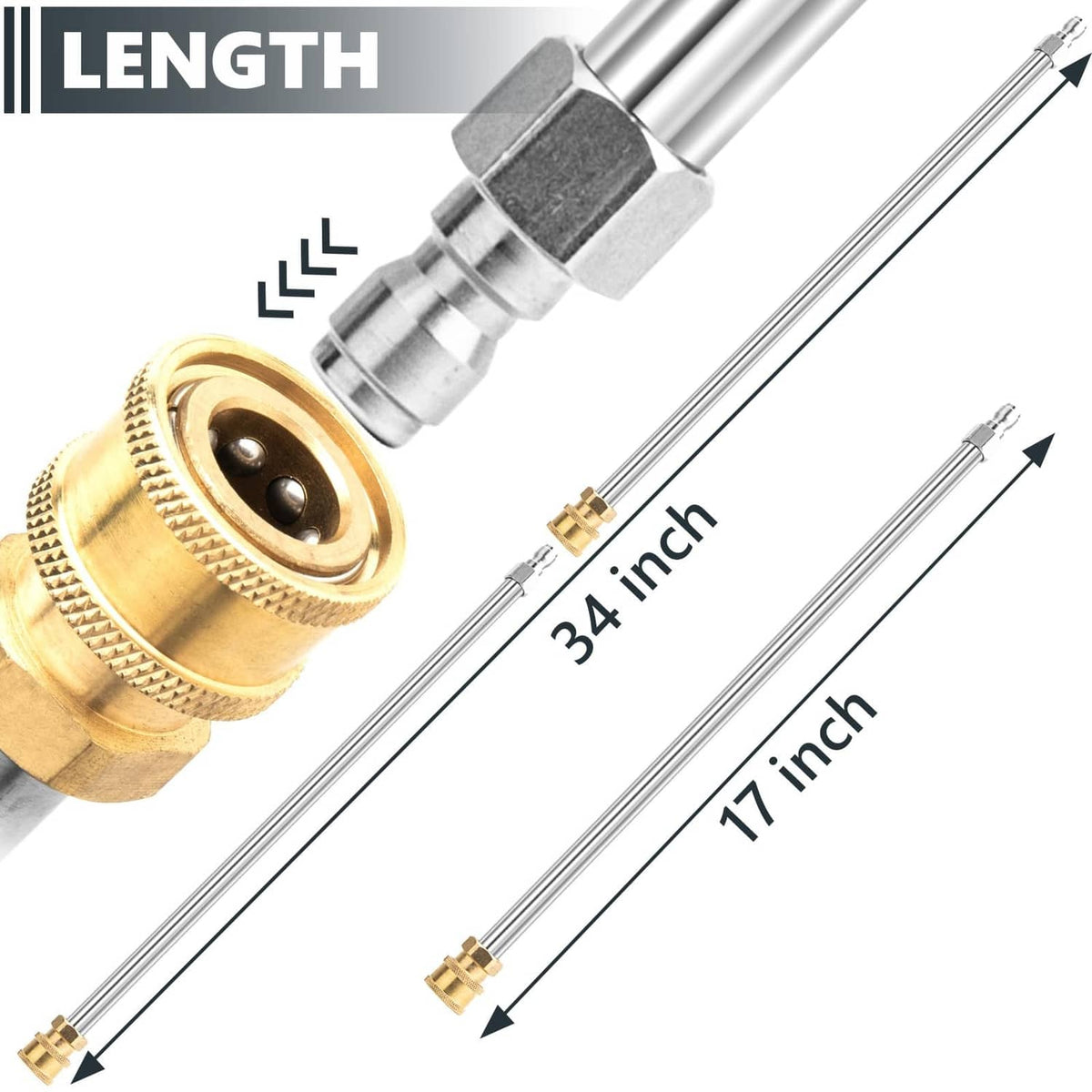 Pressure washer extension wands with brass fittings and silver stainless tubes, close-up