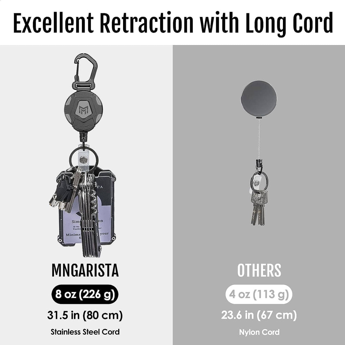 Retractable keychain set with long cord, black carabiners, and keyring tags