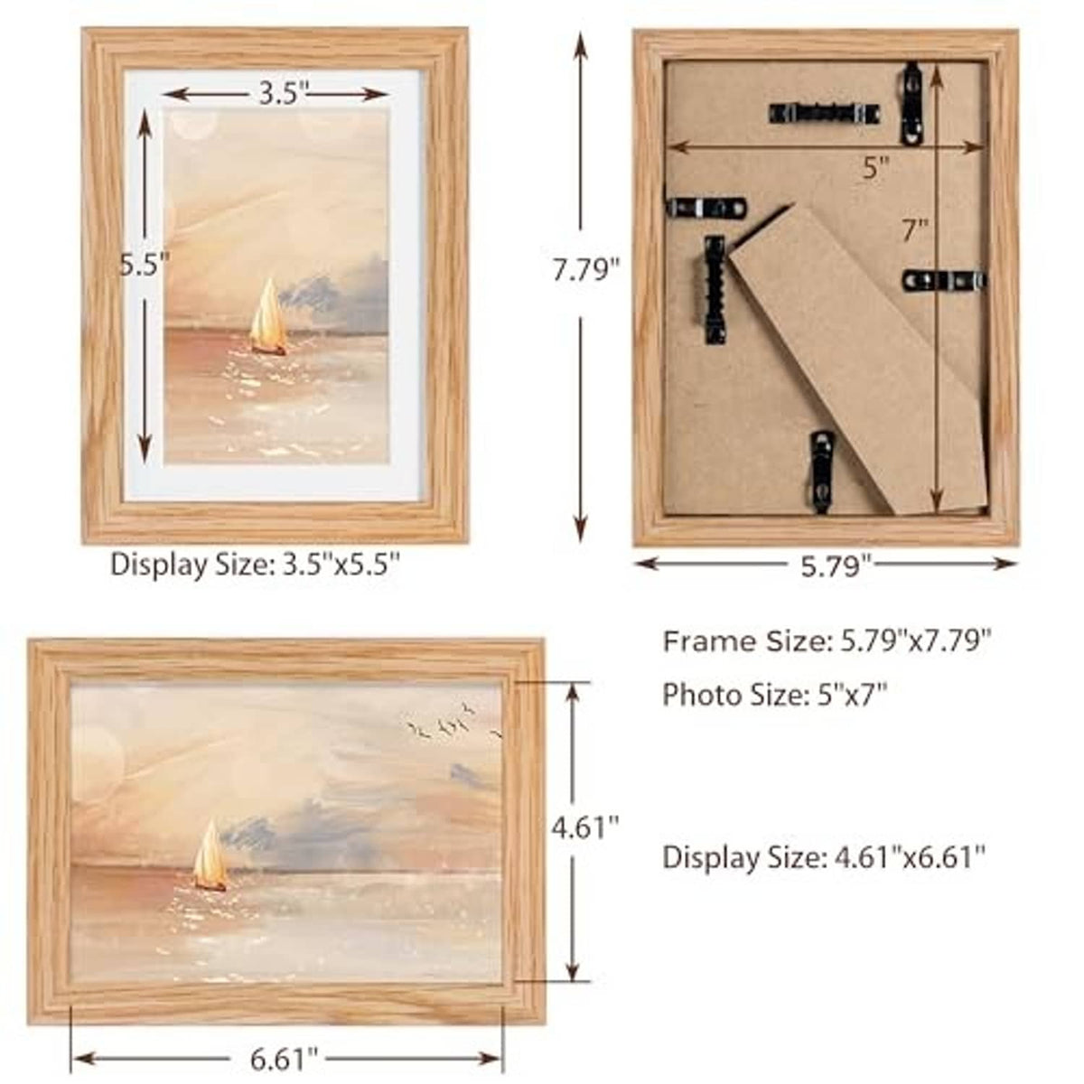 Oak 5x7 picture frame with plexiglass, with size diagrams for frame and display areas