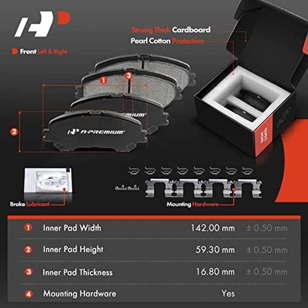 Ceramic brake pads kit components with pads, springs, shims and mounting hardware