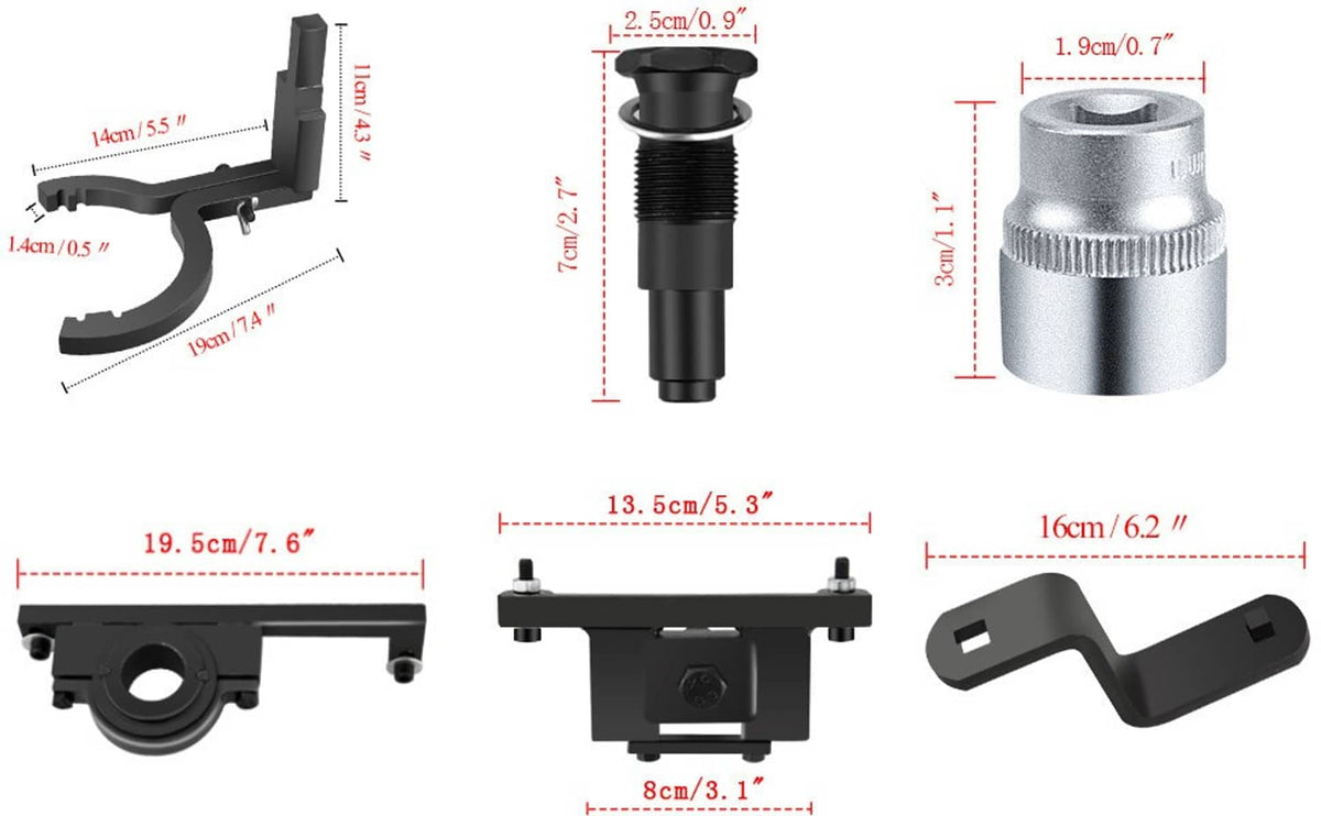 Camshaft timing tool kit components with size measurements and metal tools