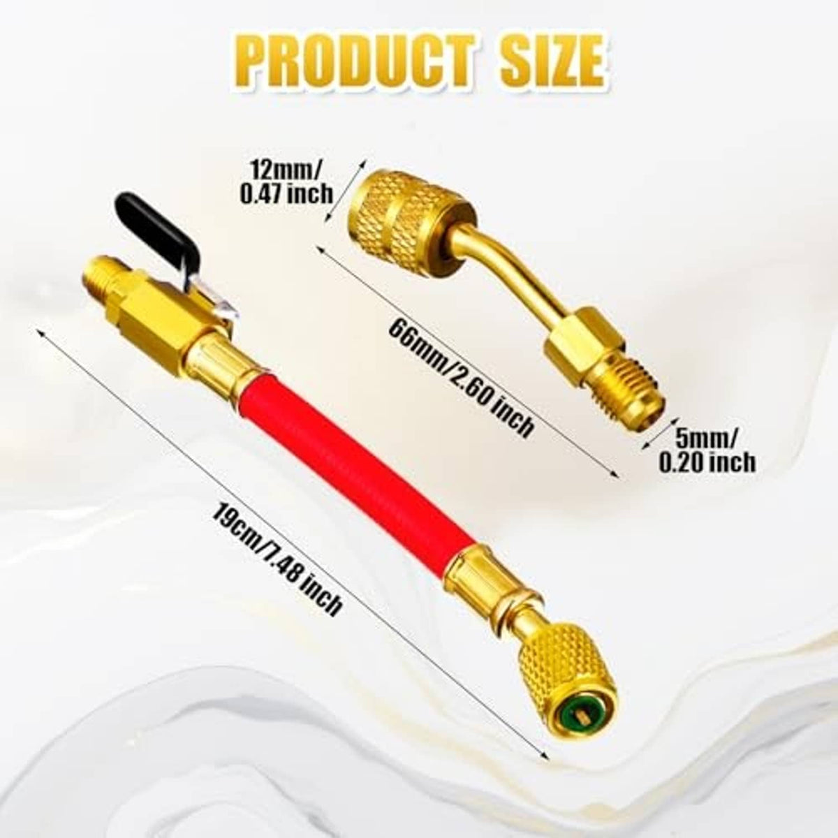 Red refrigeration hose with gold brass ends and green-sealed port
