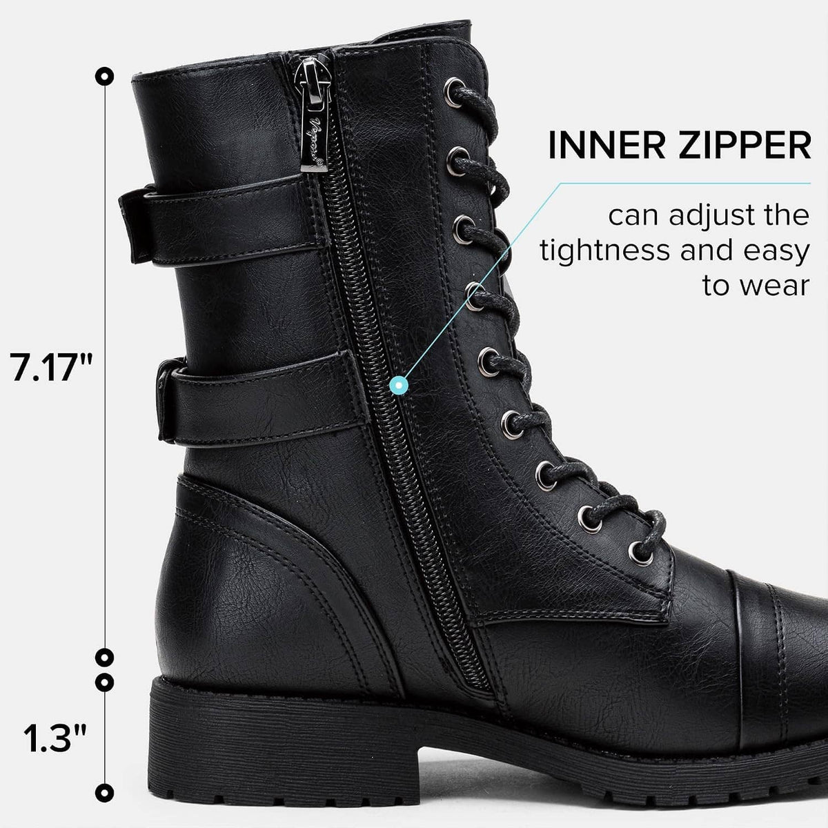 Black mid-calf combat boots with lace-up front and inner side zipper