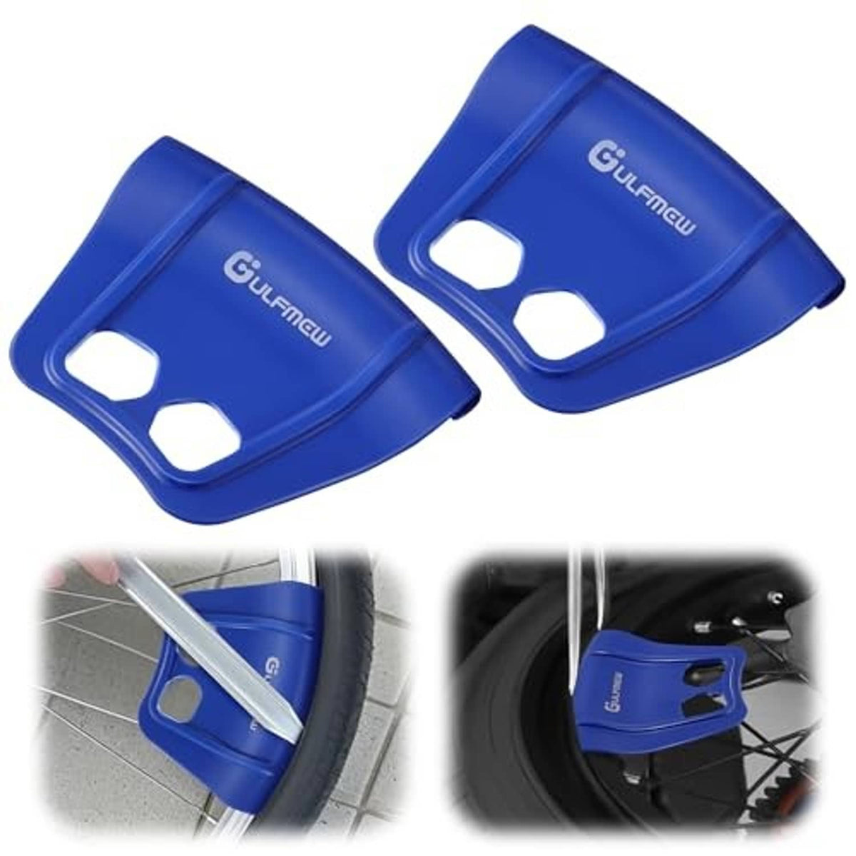 Blue 2-piece wheel rim guard kit shown as two curved pieces with handle cutouts