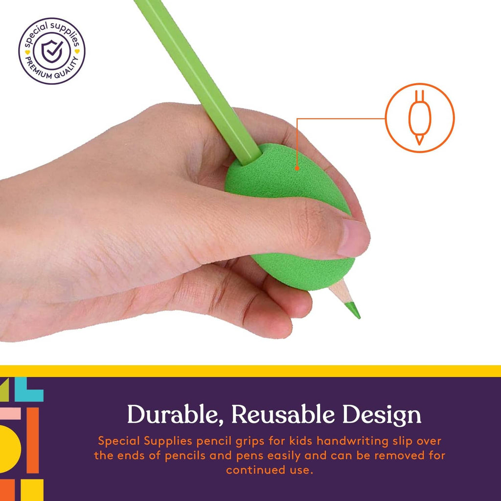 Hand holding a green egg-shaped foam pencil grip on a pencil tip