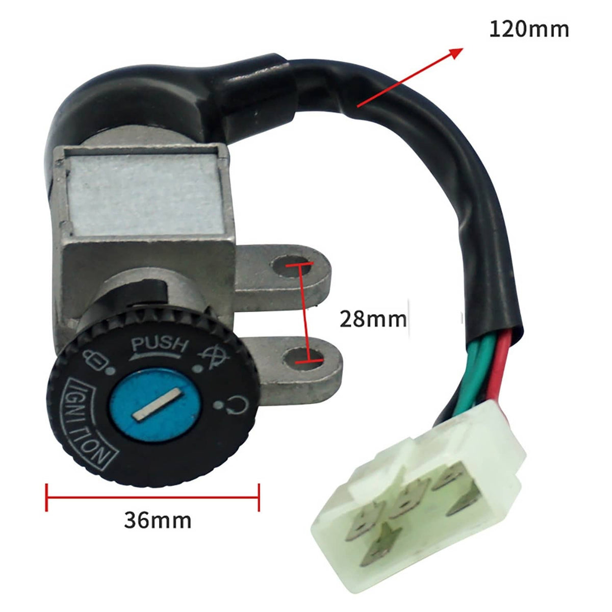 Ignition switch housing with blue push dial and wiring connector, with dimensions shown