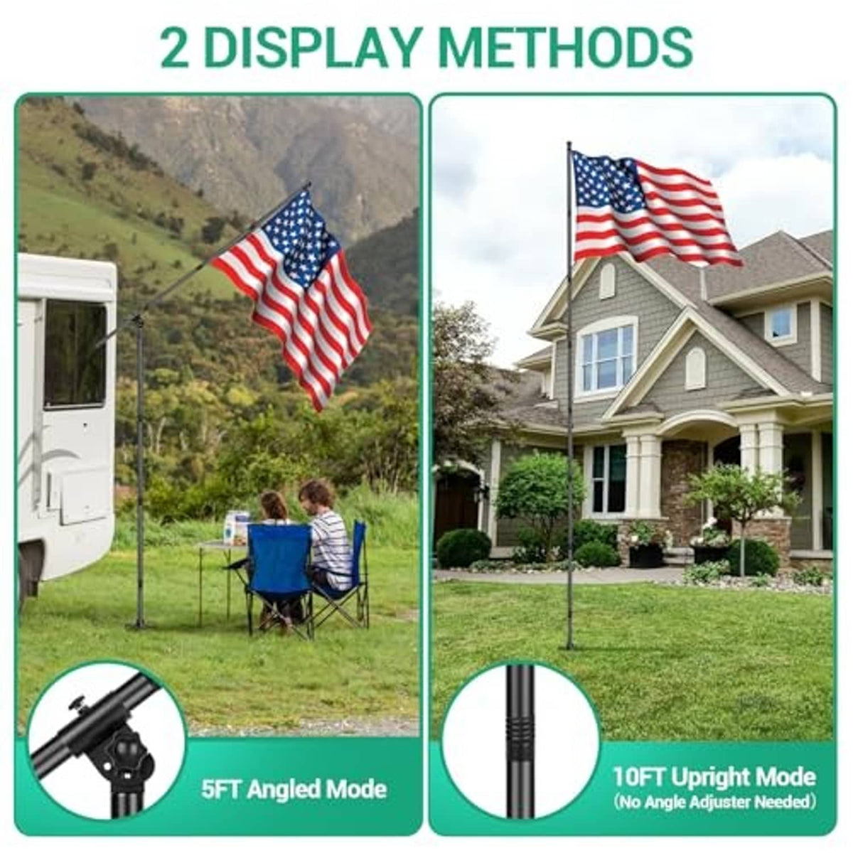 Flag pole kit showing upright and angled black pole with US flag