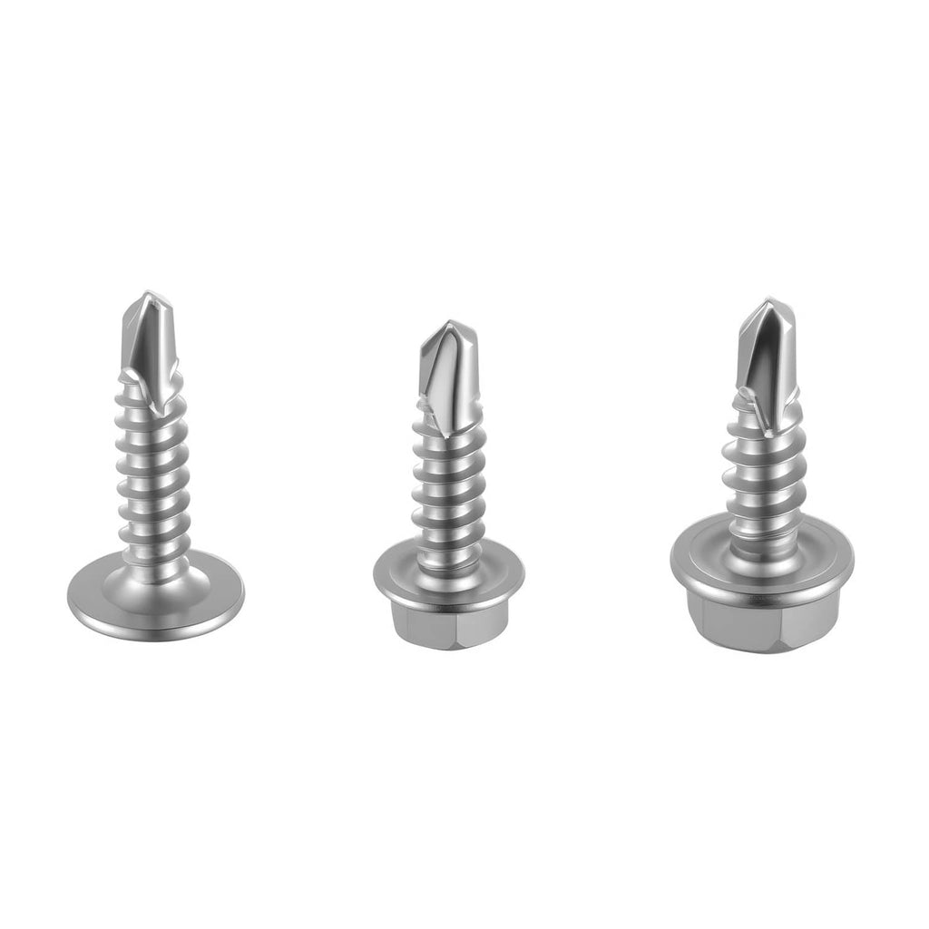 Three self-drilling screws with washer heads, drill points, and Phillips/hex drive