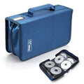 Blue DVD storage case with top handle and zipper, plus open disc holder