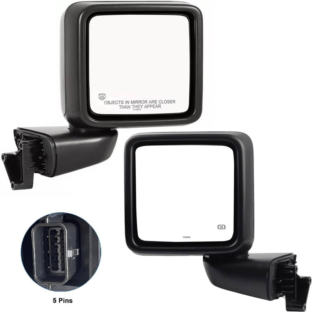 Pair of black power heated mirrors with 5-pin wiring connector detail inset